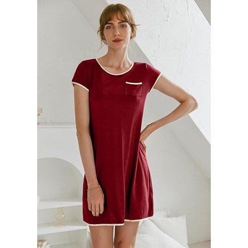 Womens Nightgown Sleep Shirt Dress Satin Patchwork Short Sleeve Sleepwear with Pocket Womens Nightgown Sleep Shirt Dress Satin Patchwork Short Sleeve Sleepwear with Pocket